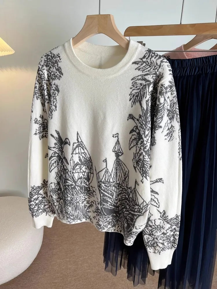 Fall Winter Women Casual Style Pattern Printing Pullover Sweater Classic Crew Neck Knit Tops C-069