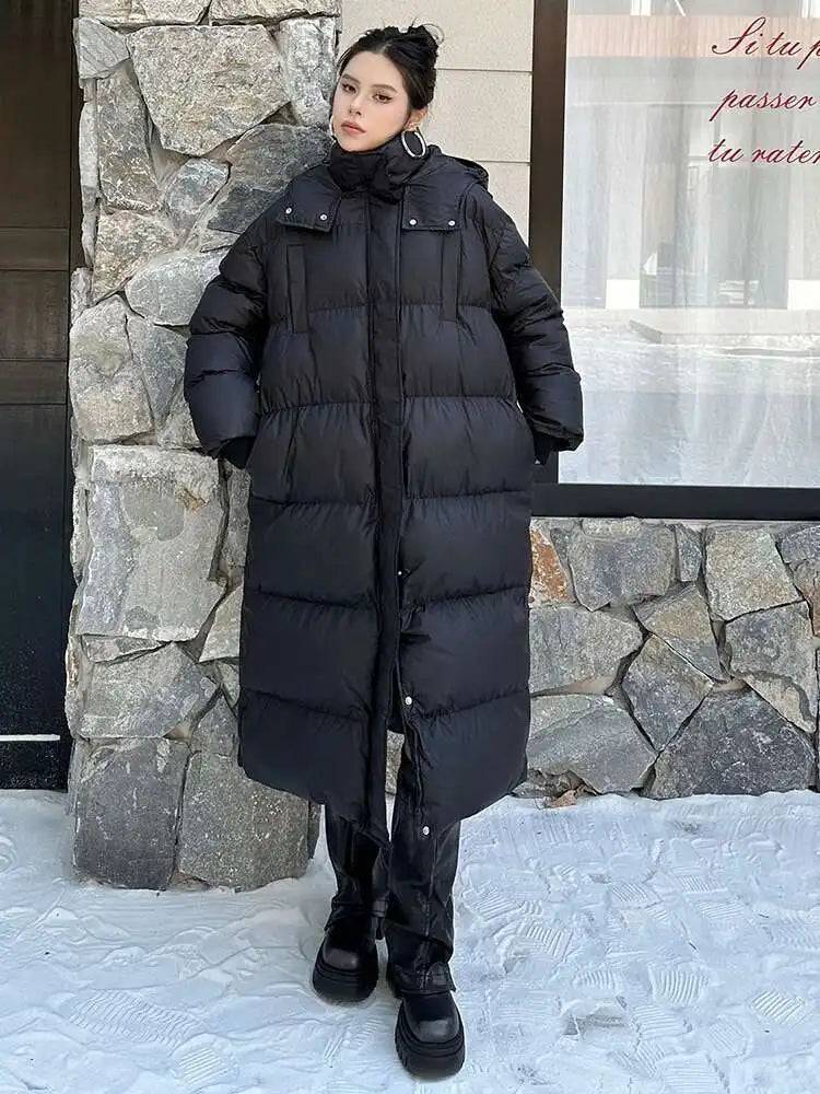 Black Thick Long Warm Big Size Hooded Cotton-padded Coat Long Sleeve Women Parkas Fashion New Autumn Winter 2025 1DH8321