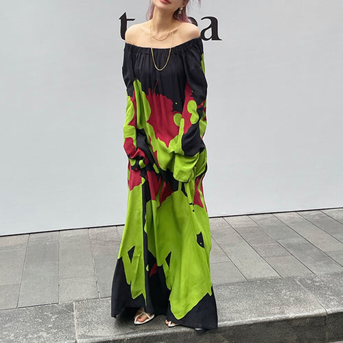 Load image into Gallery viewer, Hit Color Printing Dresses For Women Slash Neck Long Sleeve High Waist Off Shoulder Straight Dress Female Fashion
