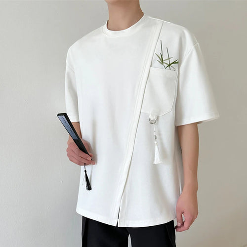 Load image into Gallery viewer, Summer Men&#39;s T-shirt Chinese Style Embroidered Short Sleeve Loose Split Hem Design Male Round Collar Tee 9C6034
