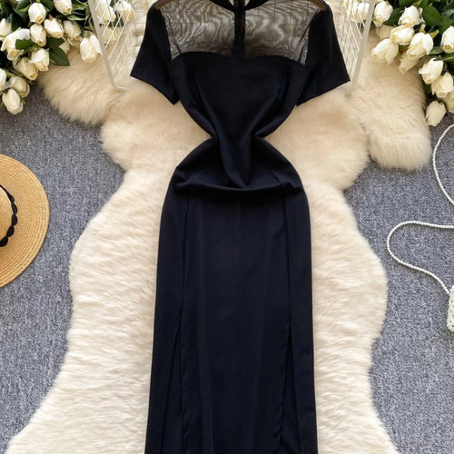 Load image into Gallery viewer, French Retro 2025 Summer New Black Patchwork Mesh Elegant Short Sleeves Dress Women Chinese Style Slim Evening Party Split Dress
