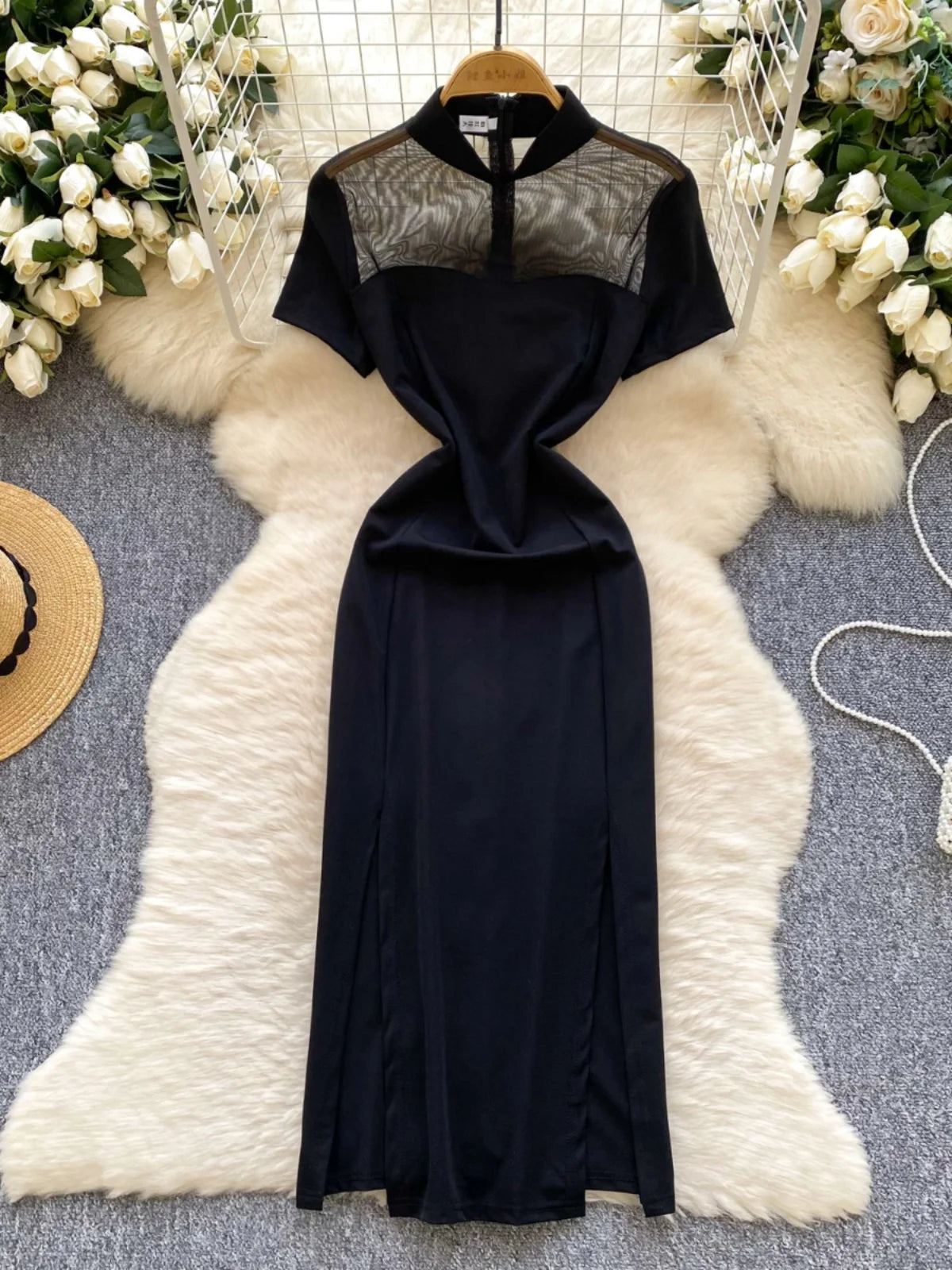 French Retro 2025 Summer New Black Patchwork Mesh Elegant Short Sleeves Dress Women Chinese Style Slim Evening Party Split Dress