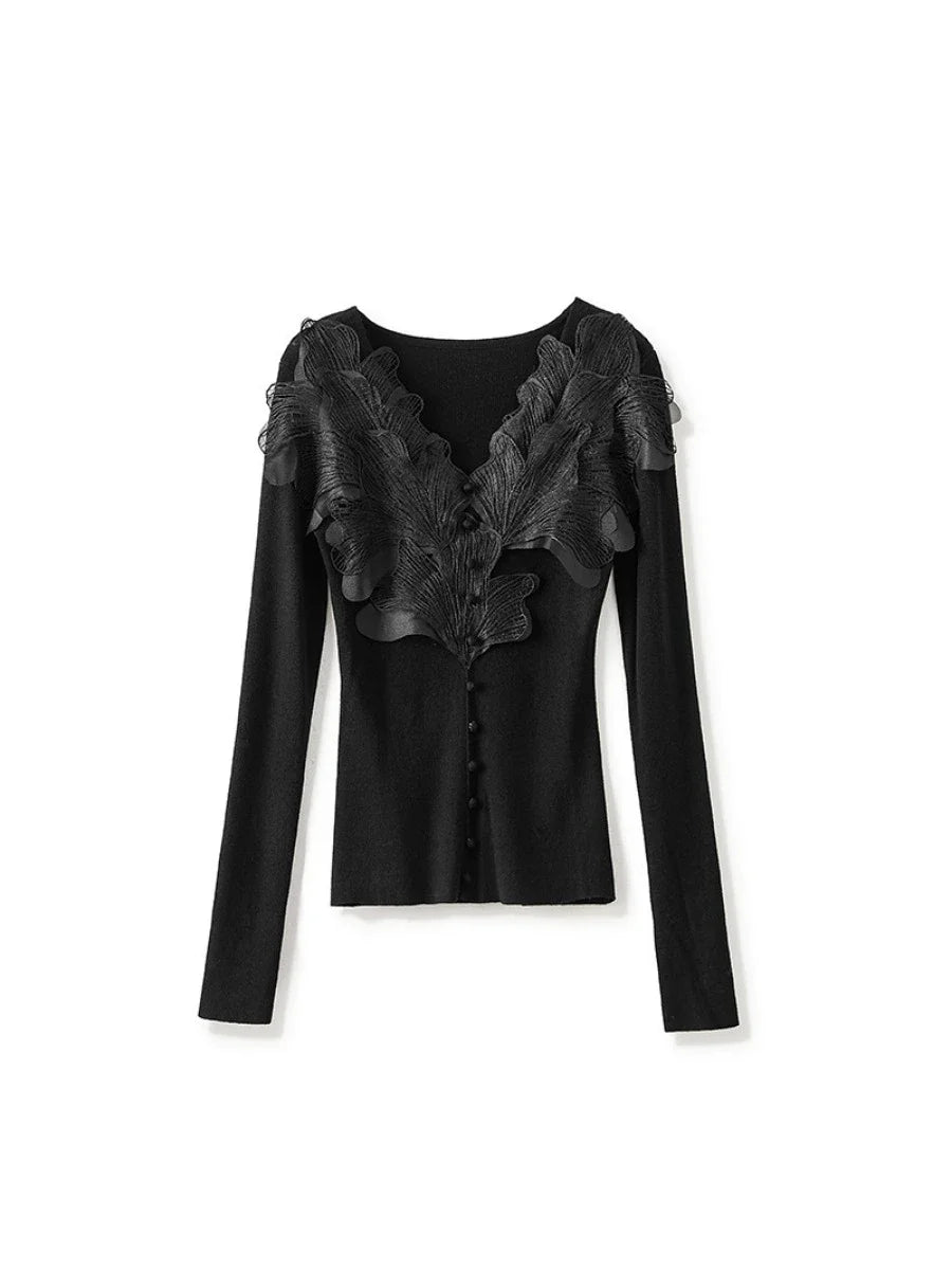 Solid Spliced Mesh Temperament T Shirt for Women V Neck Long Sleeve Patchwork Button T Shirts Female New