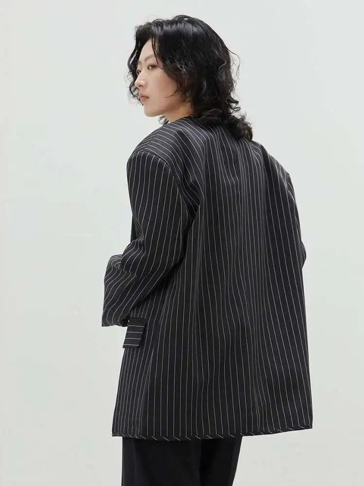 Women Black Striped Big Size Casual Blazer New O-neck Long Sleeve Loose Fit Jacket Fashion Tide Spring Autumn 2025 1DH0147