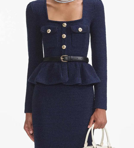 Temperament Knit Two Oiece Sets for Women Square Neck Long Sleeves Spliced Button Top High Waist Skirt Set Female