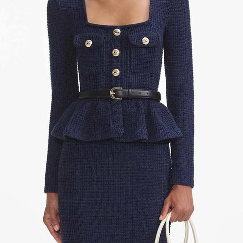 Load image into Gallery viewer, Temperament Knit Two Oiece Sets for Women Square Neck Long Sleeves Spliced Button Top High Waist Skirt Set Female
