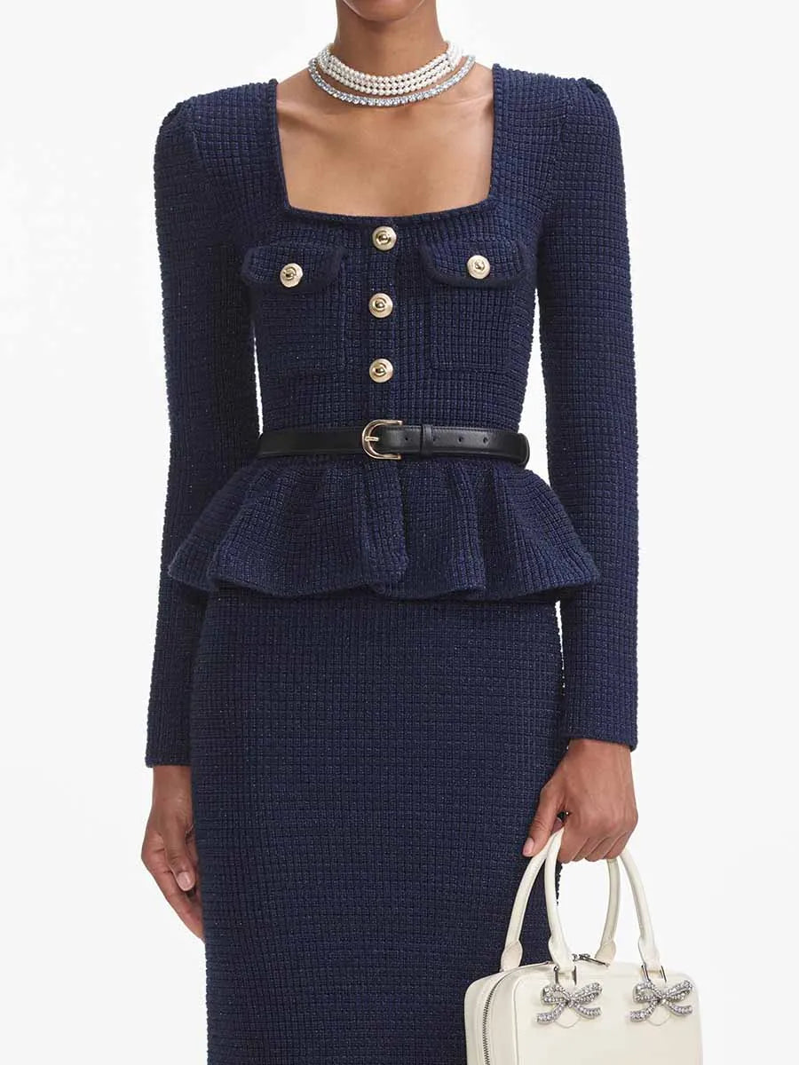 Temperament Knit Two Oiece Sets for Women Square Neck Long Sleeves Spliced Button Top High Waist Skirt Set Female