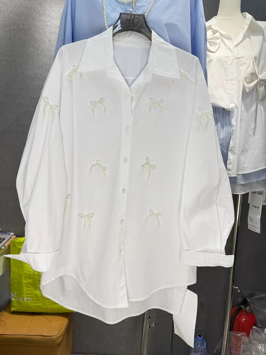 Solid Spliced Pearl Loose Blouses For Women Lapel Long Sleeve Loose Casual Shirts Female Fashion Style Clothes New