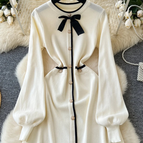 Load image into Gallery viewer, French Fashion Beige Patchwork Elegant Long Sleeves Round Neck Bow Mini Dress Women Autumn New Office Lady Short Knitted Dresses
