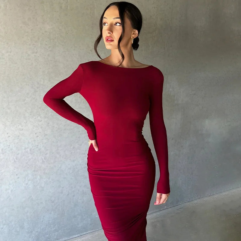 Deep V Neck Ruched Maxi Dress Women Gown Autumn New Long Sleeve Backless Bodycon Sexy Party Evening Dress Vestidos