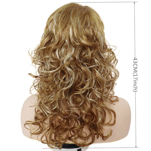 Load image into Gallery viewer, Curly Synthetic Golden Blonde Wigs for Women Long Curly Wig with Bangs Shaggy Haircuts Highlight Dolly Parton Wig Hair Mommy Wig
