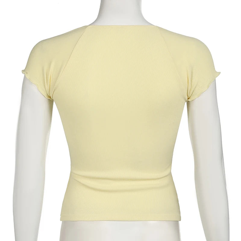 Korean Fashion Yellow Folds Lace Trim Women T-shirts Buttons Cutecore Kawaii Cropped Top Basic Frills Tee Clothes Y2K