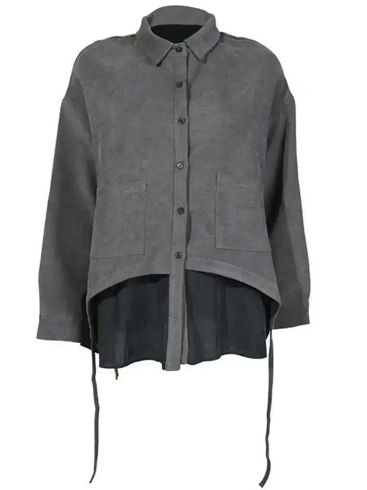 Women Drawstring Big Size Fake Two Blouse New Lapel Long Sleeve Loose Fit Shirt Fashion Tide Spring Autumn 2025 1DD0160