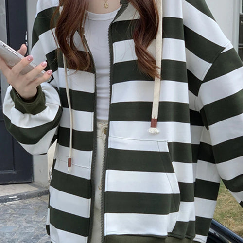 Load image into Gallery viewer, Korean Style Zipper Striped Female Hoodies Autumn Loose Casual Drawstring Streetwear Long Sleeve Women Sweatshirts
