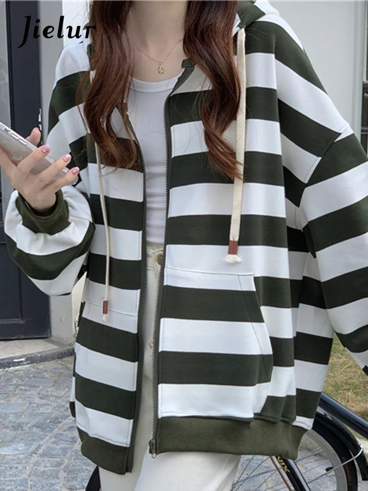 Korean Style Zipper Striped Female Hoodies Autumn Loose Casual Drawstring Streetwear Long Sleeve Women Sweatshirts