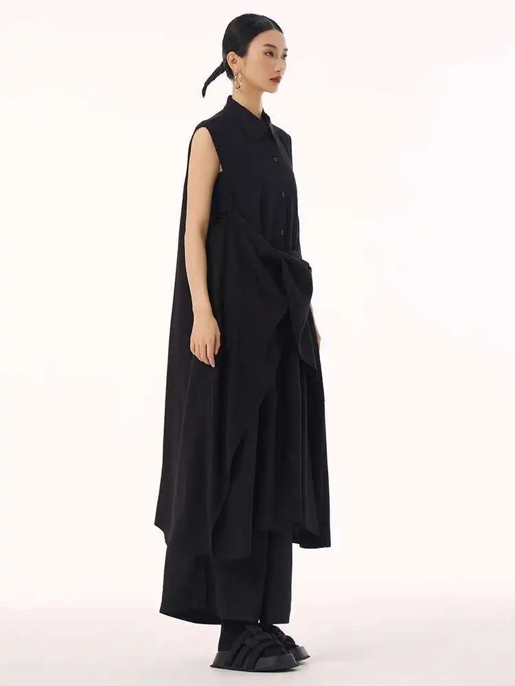 Women Khaki Irregular Spliced Big Size Midi Shirt Dress New Lapel Sleeveless Fashion Tide Spring Summer 2025 1DH9434