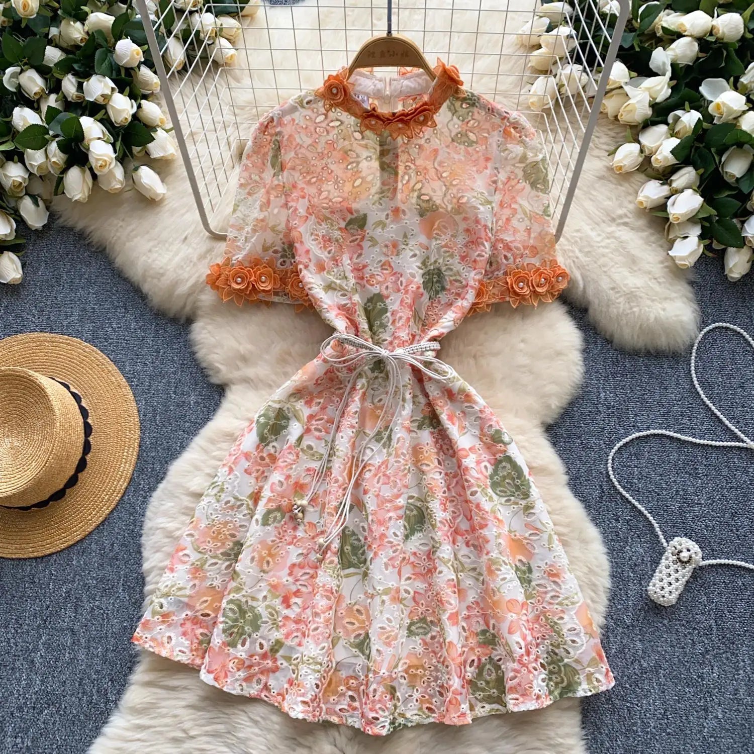 French Retro Women Embroidered Flower Bead Round Neck Short Sleeved Mini Dress Summer Hollowed Out Lace-up Evening Party Dresses