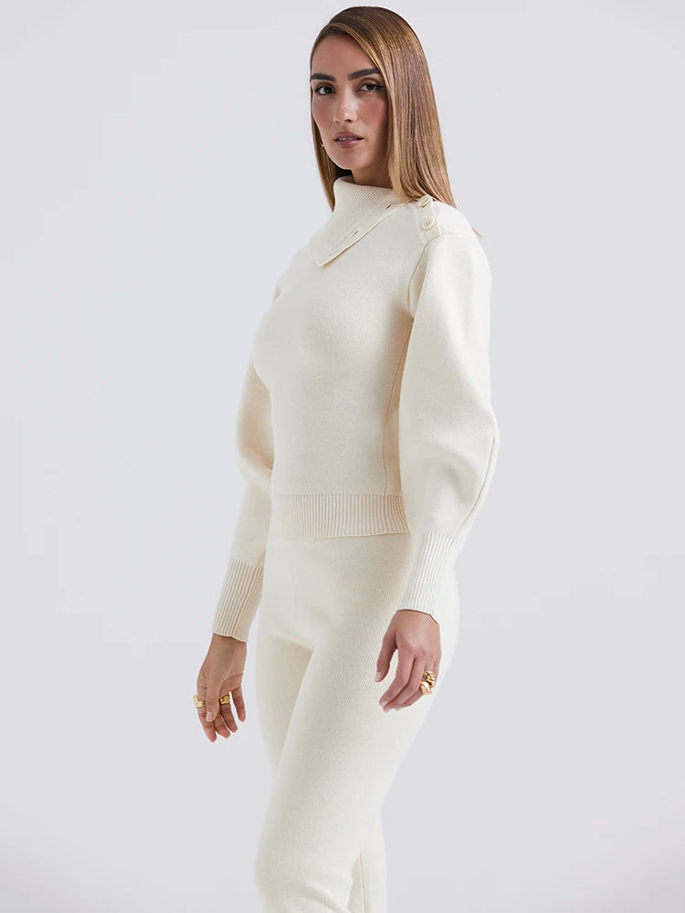 Autumn/Winter Fashion Sweater Set Women Polo Neck Long Sleeve Top Slim Elastic Pants Two Piece Set Female Casual Street