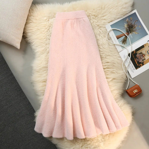 Load image into Gallery viewer, French Fashion Vintage Women Solid Ruffle Edge Knitted Fishtail Long Skirt 2024 Autumn Winter Elegant High Waist Pleated Skirts
