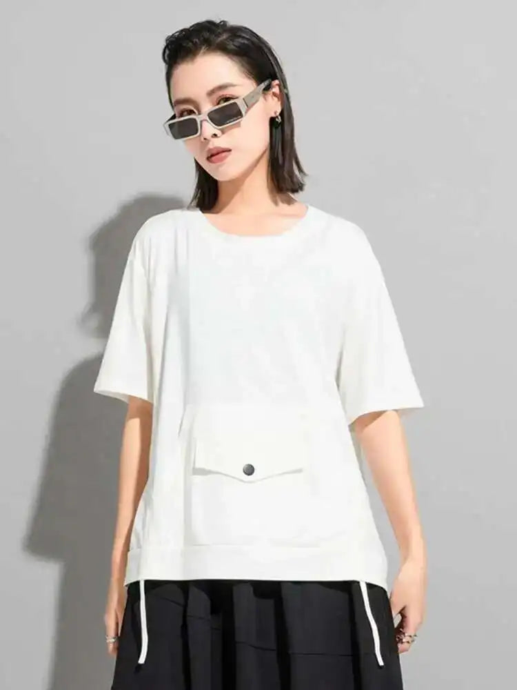 Women Red Color-block Pocket Big Size Casual  T-shirt New Round Neck Short Sleeve Fashion Tide Spring Summer 2025 1DH5953