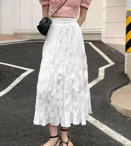 Vintage Black Elegant Elastic High Waist Long Skirts Women Streetwear Summer Fashion Korean Style Vacation White Pleated Skirt