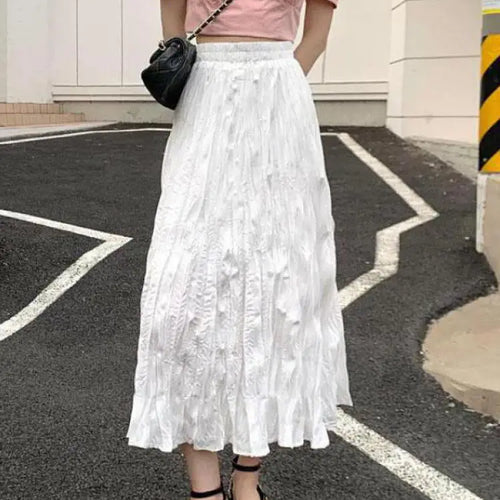 Load image into Gallery viewer, Vintage Black Elegant Elastic High Waist Long Skirts Women Streetwear Summer Fashion Korean Style Vacation White Pleated Skirt

