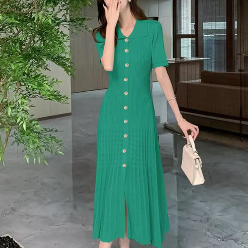 Load image into Gallery viewer, Summer 2024 New Women's Black Beige Single Breasted Knitted Long Dress Green Elegant Office Lady Short Sleeve Pleated Dress Chic
