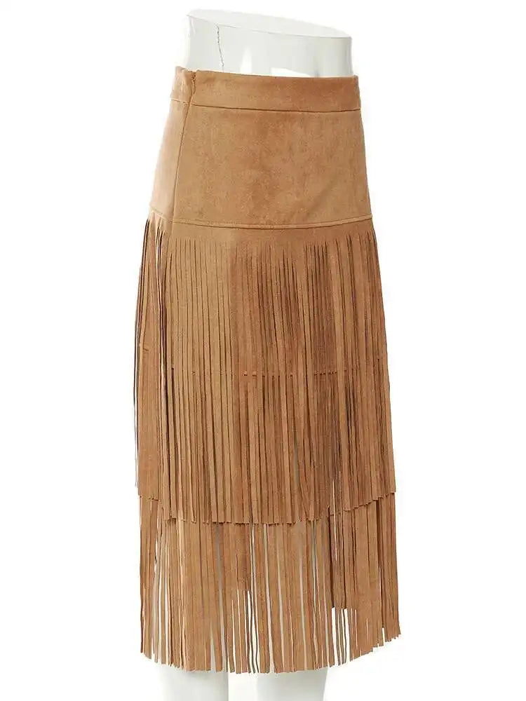 High Waist Khaki Tassels Irregular Long Elehgant Half-body Skirt Women Fashion Tide New Spring Autumn 2025 1DE8926