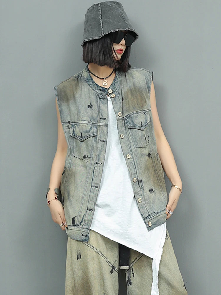 Big Size Denim Vest Wide Leg Pants Two Piece Suit New Round Neck Sleeveless Women Fashion Tide Spring Autumn 2025 1DJ0966
