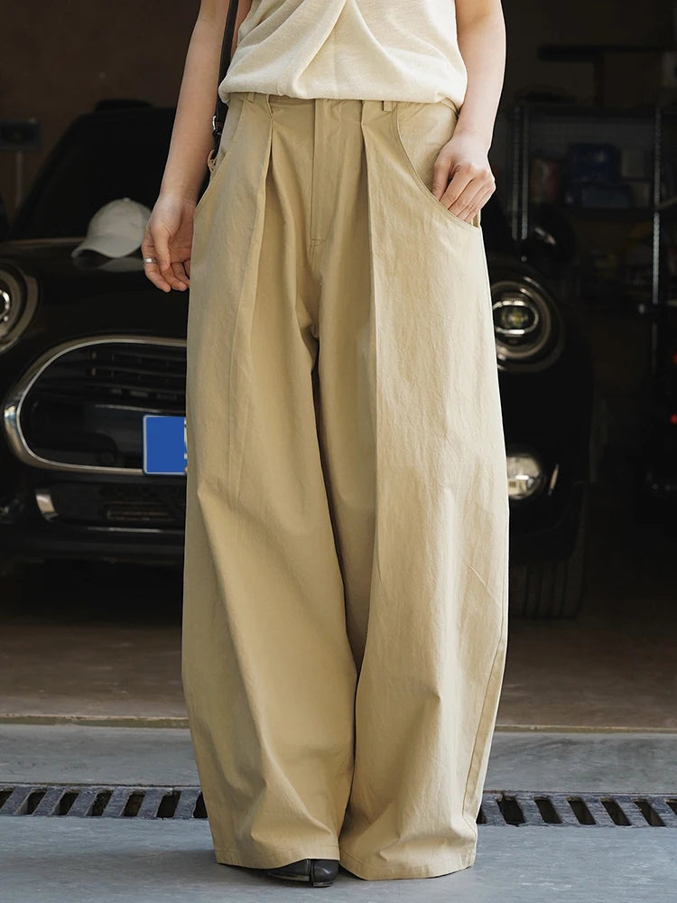 High Waist Khaki Pleated Pocket Brief Long Wide Leg Pants New Trousers Women Fashion Tide Spring Autumn 2025  1DJ1347