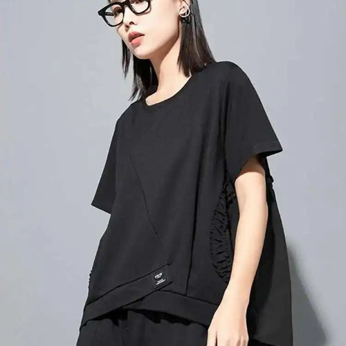 Load image into Gallery viewer, Women Green Back Long  Ruffles Big Size Casual T-shirt New Round Neck Short Sleeve Fashion Tide Spring Summer 2025 1DH5950
