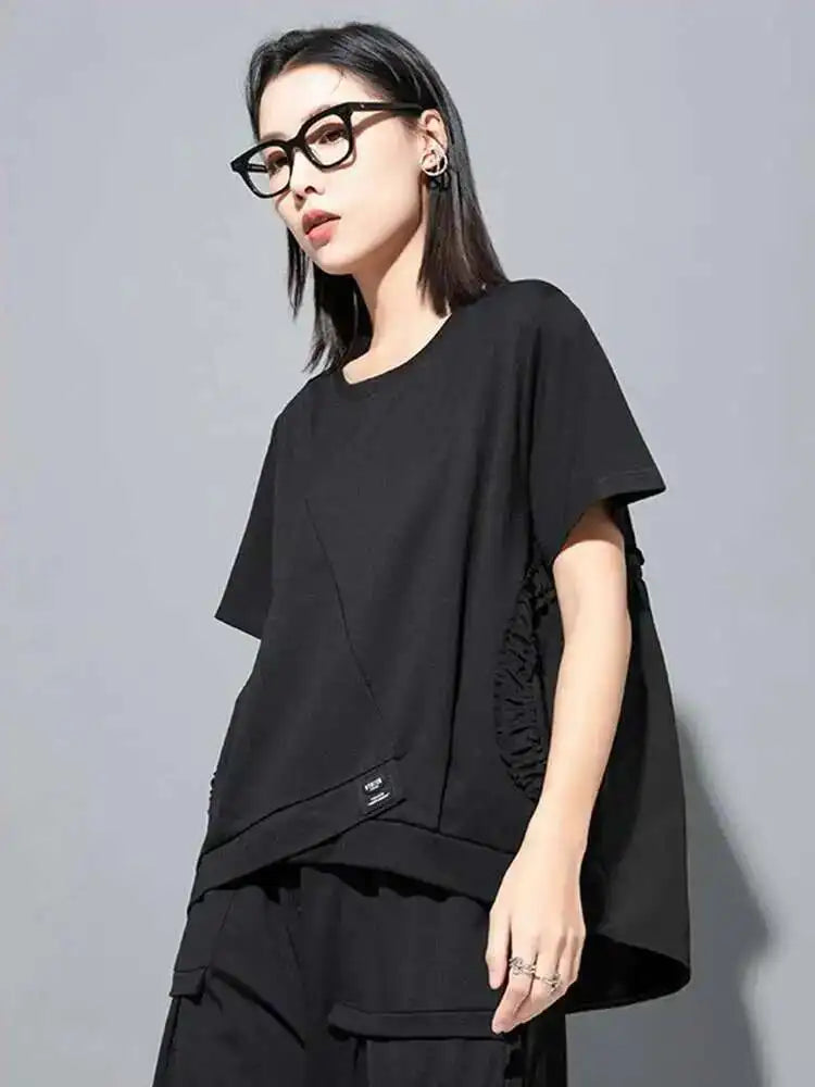 Women Green Back Long  Ruffles Big Size Casual T-shirt New Round Neck Short Sleeve Fashion Tide Spring Summer 2025 1DH5950