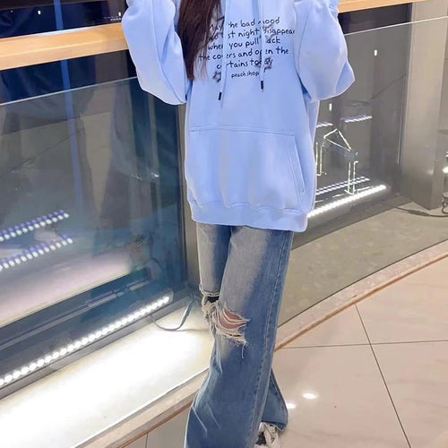 Load image into Gallery viewer, Sky Blue Hooded Drawstring Chic Letter Print Women Hoodies Winter Solid Color Street Simple Casual Fashion Female Hoodies
