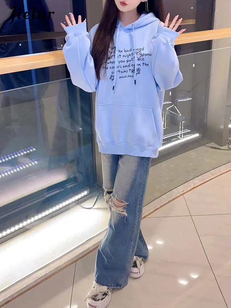 Sky Blue Hooded Drawstring Chic Letter Print Women Hoodies Winter Solid Color Street Simple Casual Fashion Female Hoodies