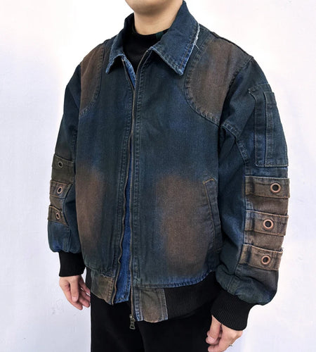 High Street Men Denim Padded Jackets Washing Trendy Worn-out Jacket Turn-down Collar Zipper Contrast Color Male Tops 9W1828