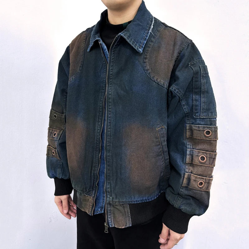 High Street Men Denim Padded Jackets Washing Trendy Worn-out Jacket Turn-down Collar Zipper Contrast Color Male Tops 9W1828