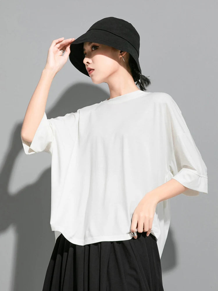 Women White Irregular Big Size T-shirt New Round Neck Three-quarter Batwing Sleeve Fashion Tide Spring Summer 20251DJ1823