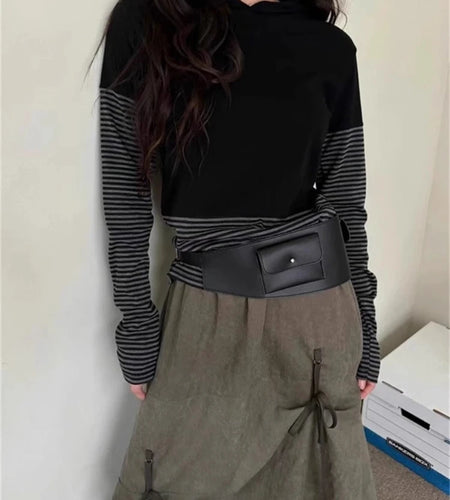 Korean Vintage T Shirts Women Clothing Patchwork Striped Tees Hooded Long Sleeve Camisetas Y2k Tops Casual Fashion Tunic Tshirt