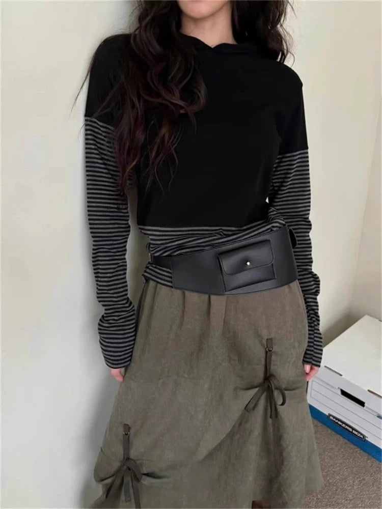 Korean Vintage T Shirts Women Clothing Patchwork Striped Tees Hooded Long Sleeve Camisetas Y2k Tops Casual Fashion Tunic Tshirt