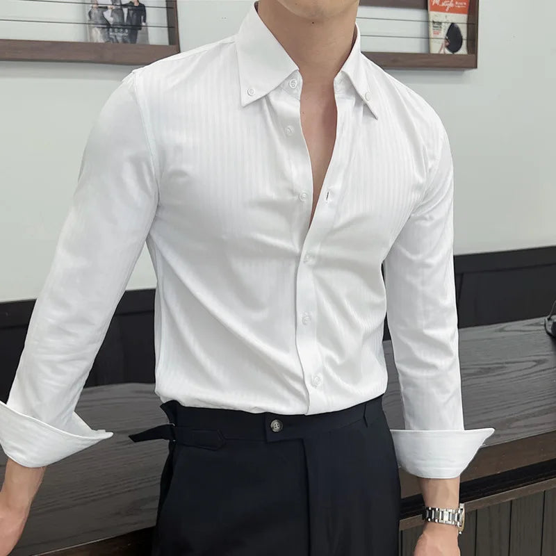 Men's New Long Sleeve Shirts Korean Design Turn-down Collar Casual Handsome Male Stripe Single Breasted Shirts 9W1568