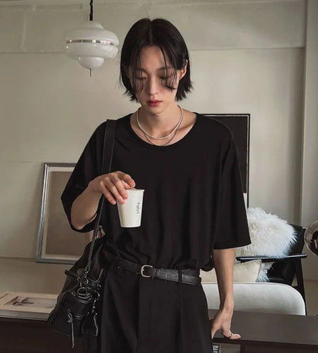 Men's T-shirts Short Sleeve New Summer Loose Round Neck Design Korean Solid Color Simple Trendy Pullover Male Top 9W1619