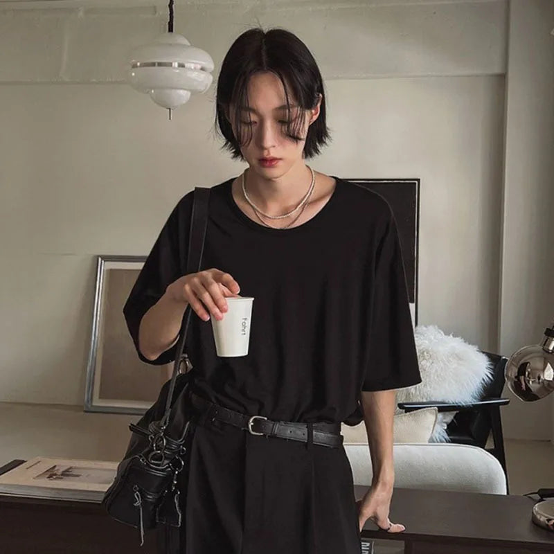 Men's T-shirts Short Sleeve New Summer Loose Round Neck Design Korean Solid Color Simple Trendy Pullover Male Top 9W1619