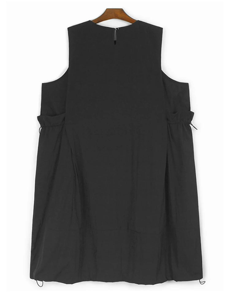 Women Black Pockets Drawstring Big Size Vest Dress New Round Neck Sleeveless Fashion Tide Spring Summer 2025 1DJ0658