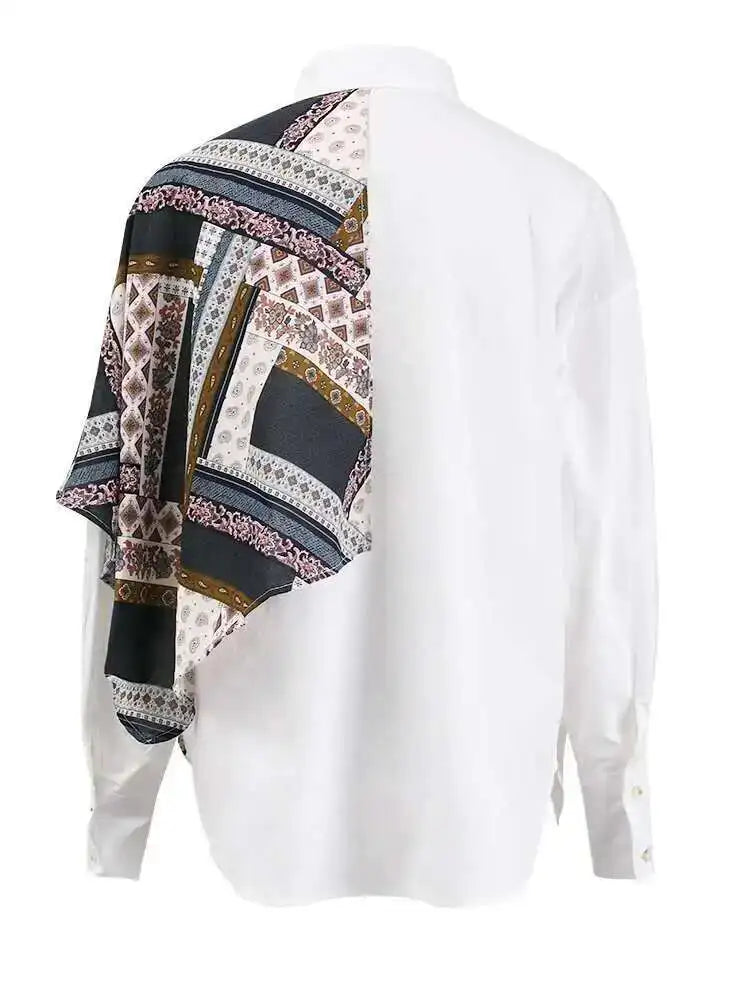 Women White Pattern Printed Irregular Big Size Blouse New Lapel Long Sleeve Shirt Fashion Tide Spring Autumn 2025 CPG1305