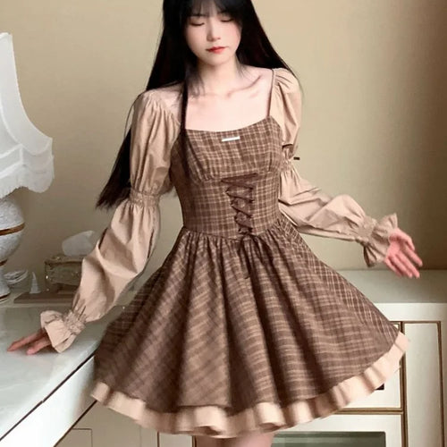 Load image into Gallery viewer, Vintage Plaid Striped Bandage Kawaii Dress Party Lolita Elegant Birthday Preppy Style School Student Dresses Y2K
