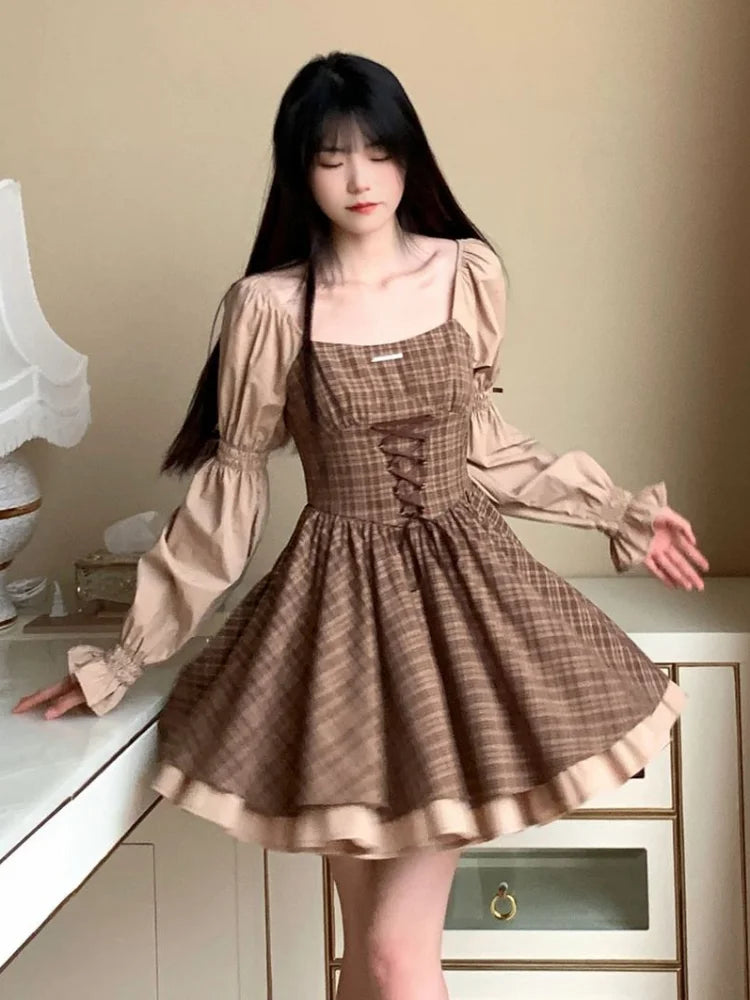 Vintage Plaid Striped Bandage Kawaii Dress Party Lolita Elegant Birthday Preppy Style School Student Dresses Y2K