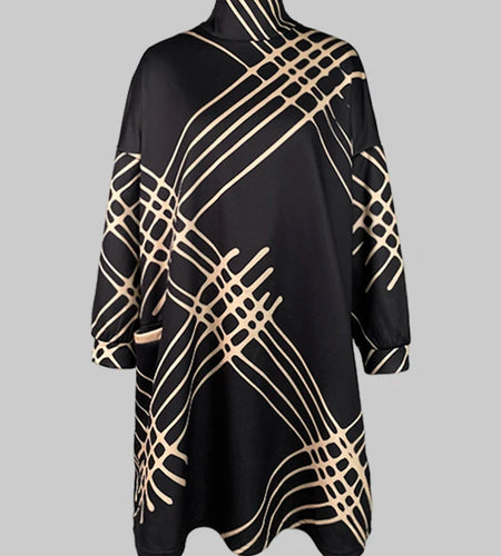 Women Wedding Guest Mini Dress Striped Printed Pockets High Neck Dress Long Sleeves Loose Elegant Party Evening Dresses
