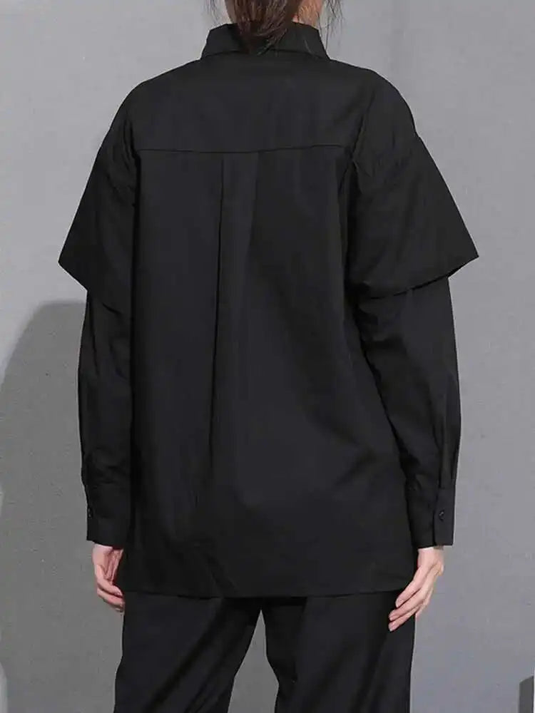 Women Black Irregular Ribbon Ribbon Big Size Blouse New Lapel Long Sleeve Shirt Fashion Tide Spring Autumn 2025 SG359