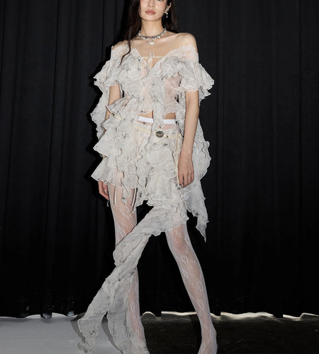 High Waist Beige Printed Irregular Ruffles Elegant Half-body Skirt Women Fashion Tide New Spring Summer 2025 1DJ1455