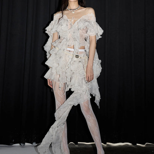 Load image into Gallery viewer, High Waist Beige Printed Irregular Ruffles Elegant Half-body Skirt Women Fashion Tide New Spring Summer 2025 1DJ1455
